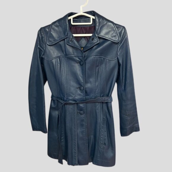Vintage Emsleigh Royal Custom Blue Leather Long Belted Jacket 1970's - Picture 3 of 16